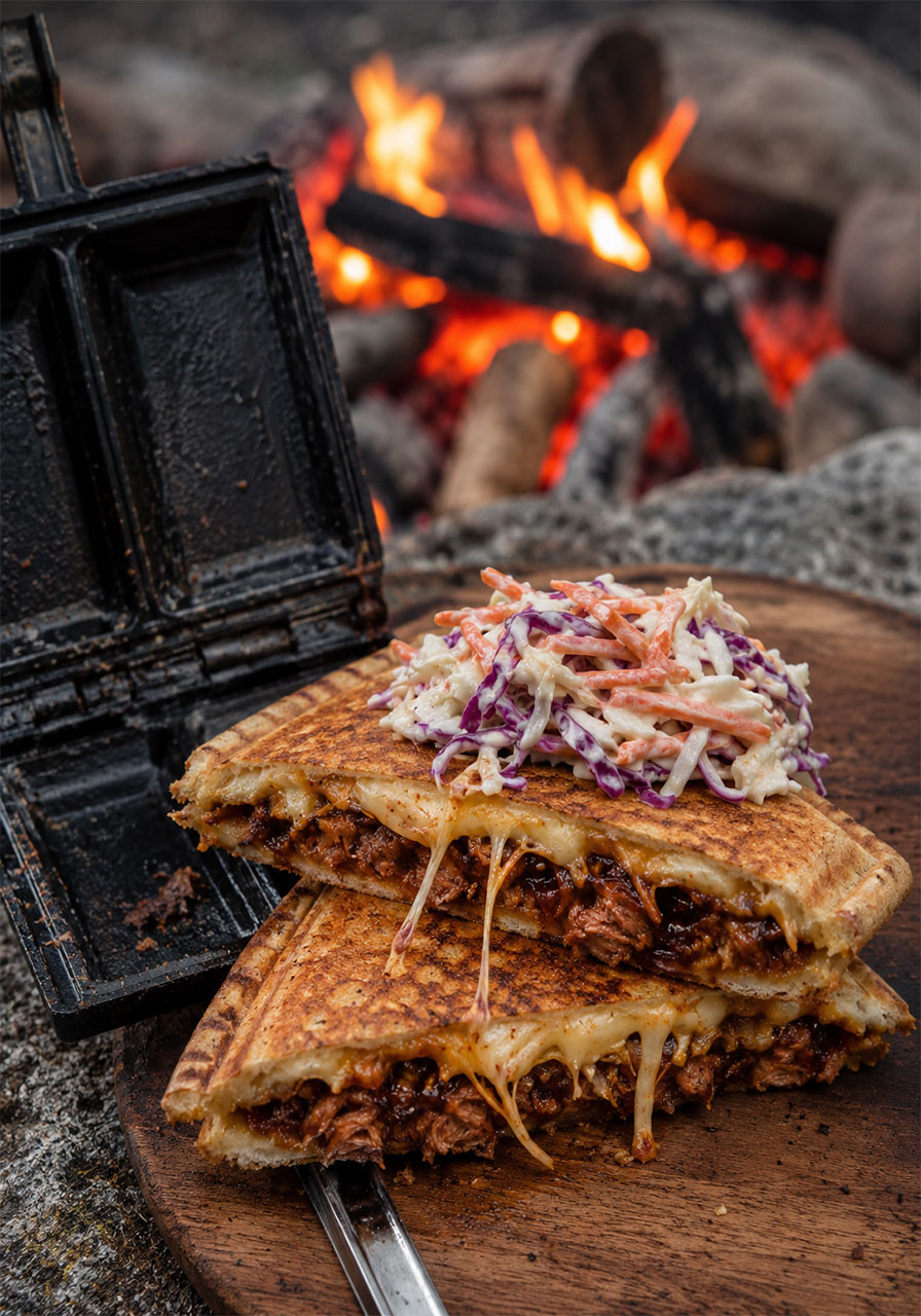 Campfire pulled pork jaffle cut open showing melted smoked cheese and pulled pork with tangy coleslaw