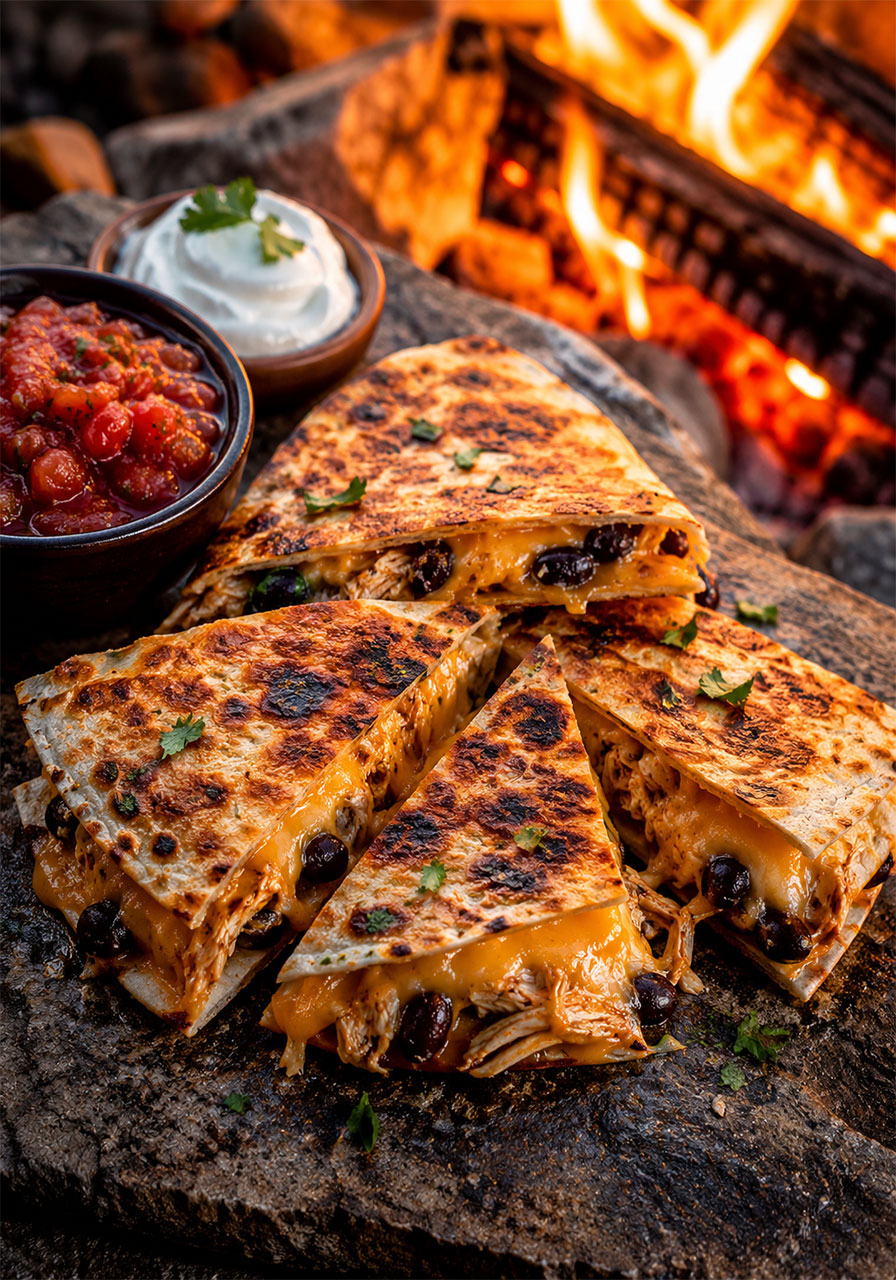 Crispy campfire quesadillas cut open showing melted cheese, chicken, and black beans beside a campfire