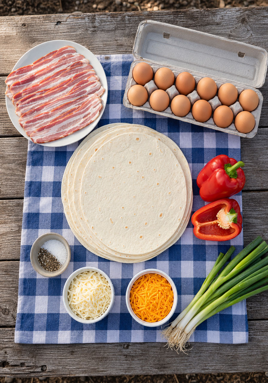 All ingredients for camping breakfast burritos including bacon, eggs, bell pepper, green onions, cheddar and Monterey Jack cheese laid out on picnic table