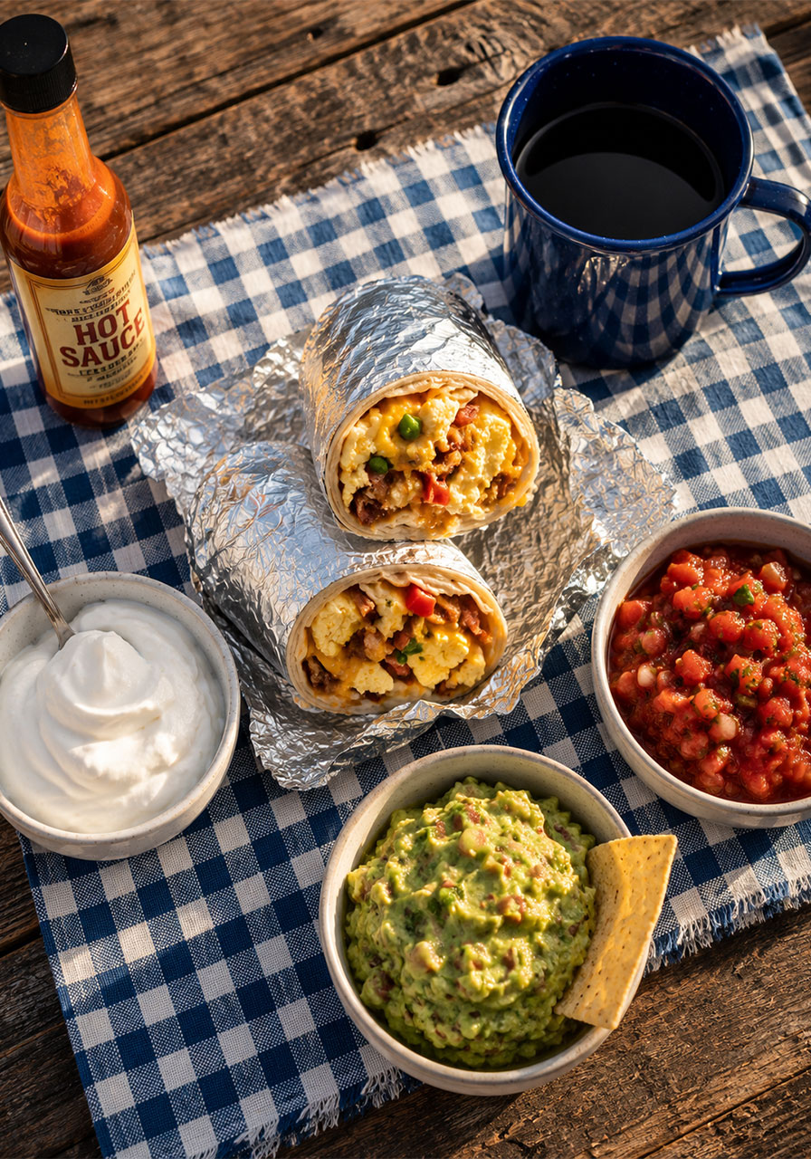 Camping breakfast burrito serving spread with sour cream salsa guacamole and hot sauce on picnic table