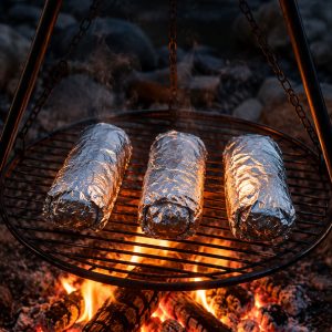 Three foil wrapped camping breakfast burritos heating on a tripod grill grate over a glowing campfire
