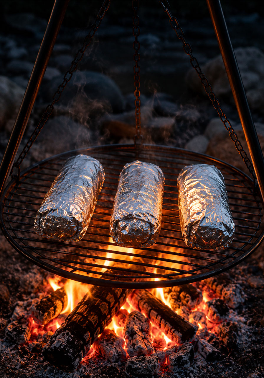 Three foil wrapped camping breakfast burritos heating on a tripod grill grate over a glowing campfire