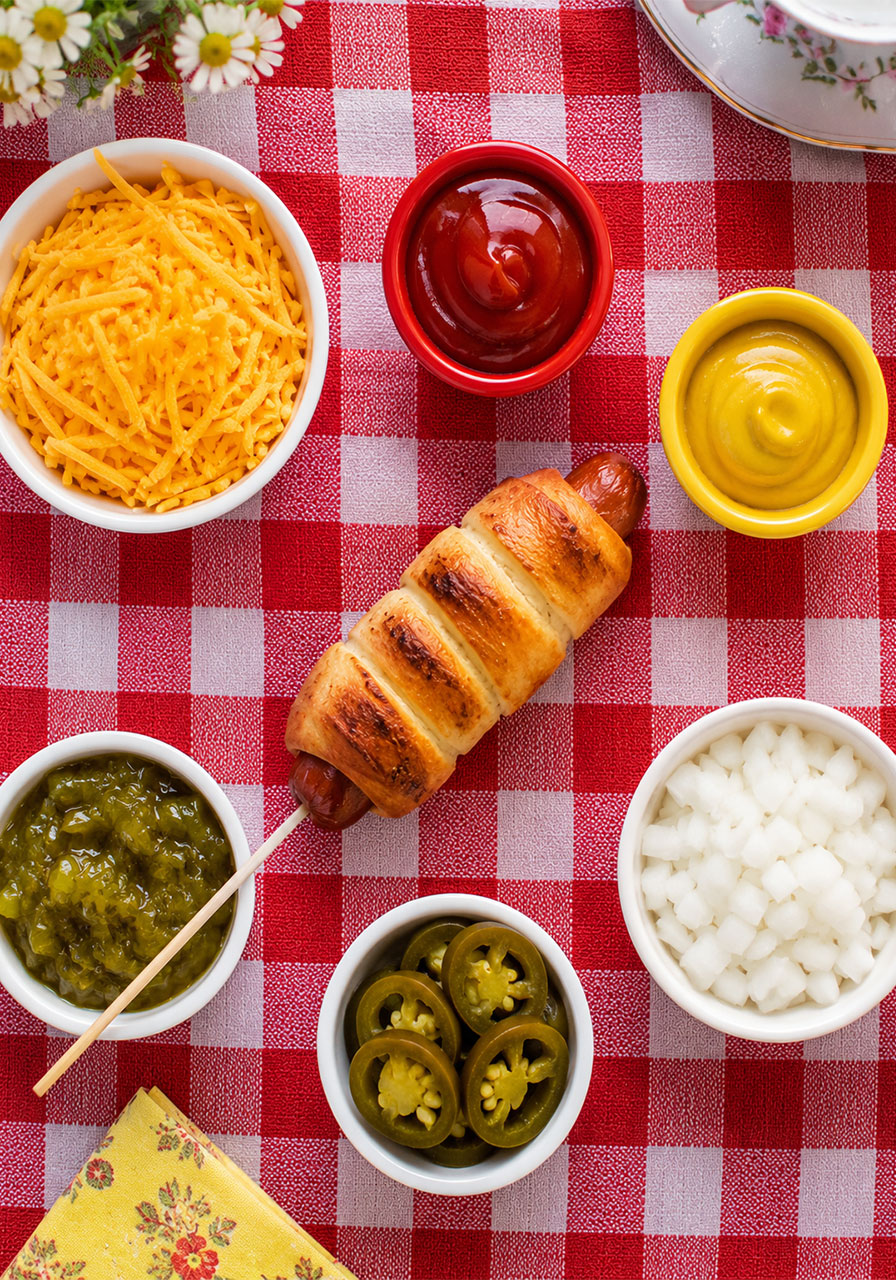 Flat lay of hot dog toppings including ketchup, mustard, cheese, jalapeños, and relish around a finished crescent camping hot dog