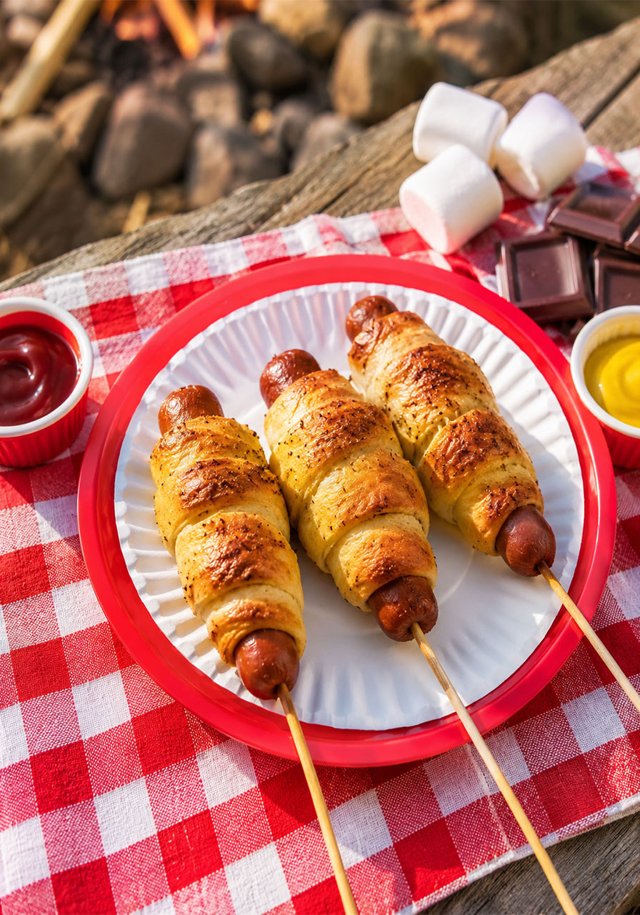 Three golden crescent-wrapped camping hot dogs on a paper plate with ketchup and mustard, cooked over a campfire