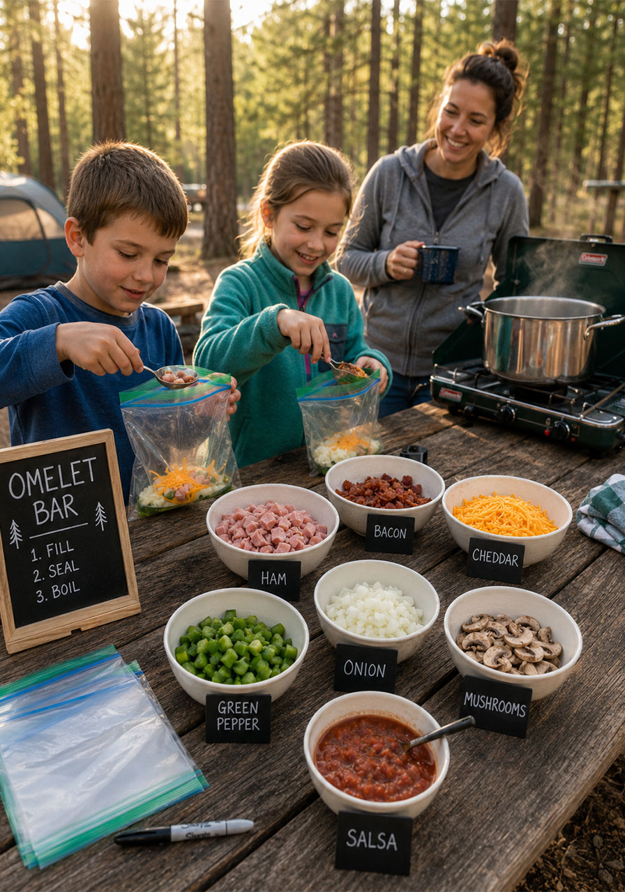 Family omelet bar setup at a campsite picnic table with bowls of fillings including ham, cheese, peppers, and onions, with children choosing their toppings