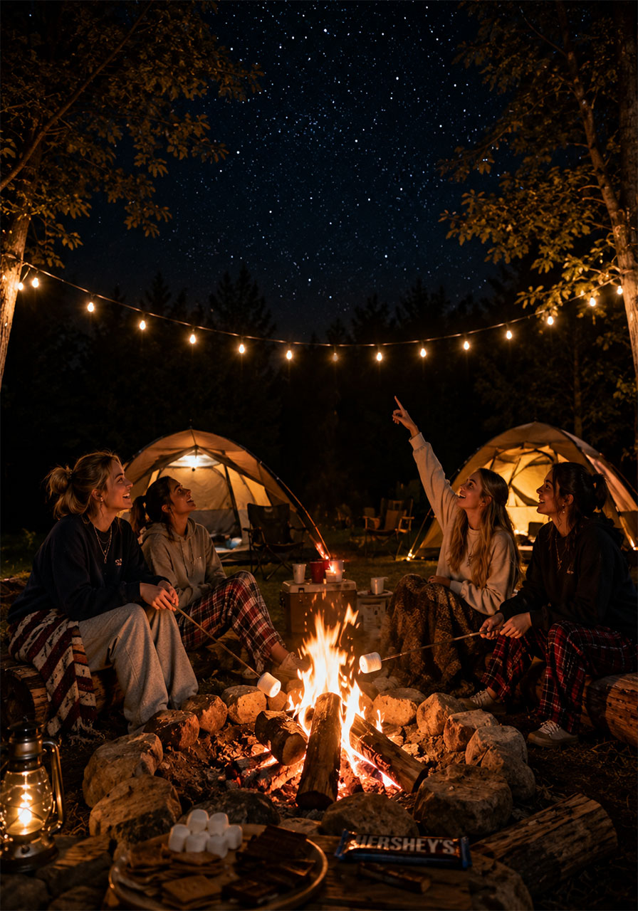 Teen girls roasting s'mores around backyard bonfire at camping birthday party under starry sky