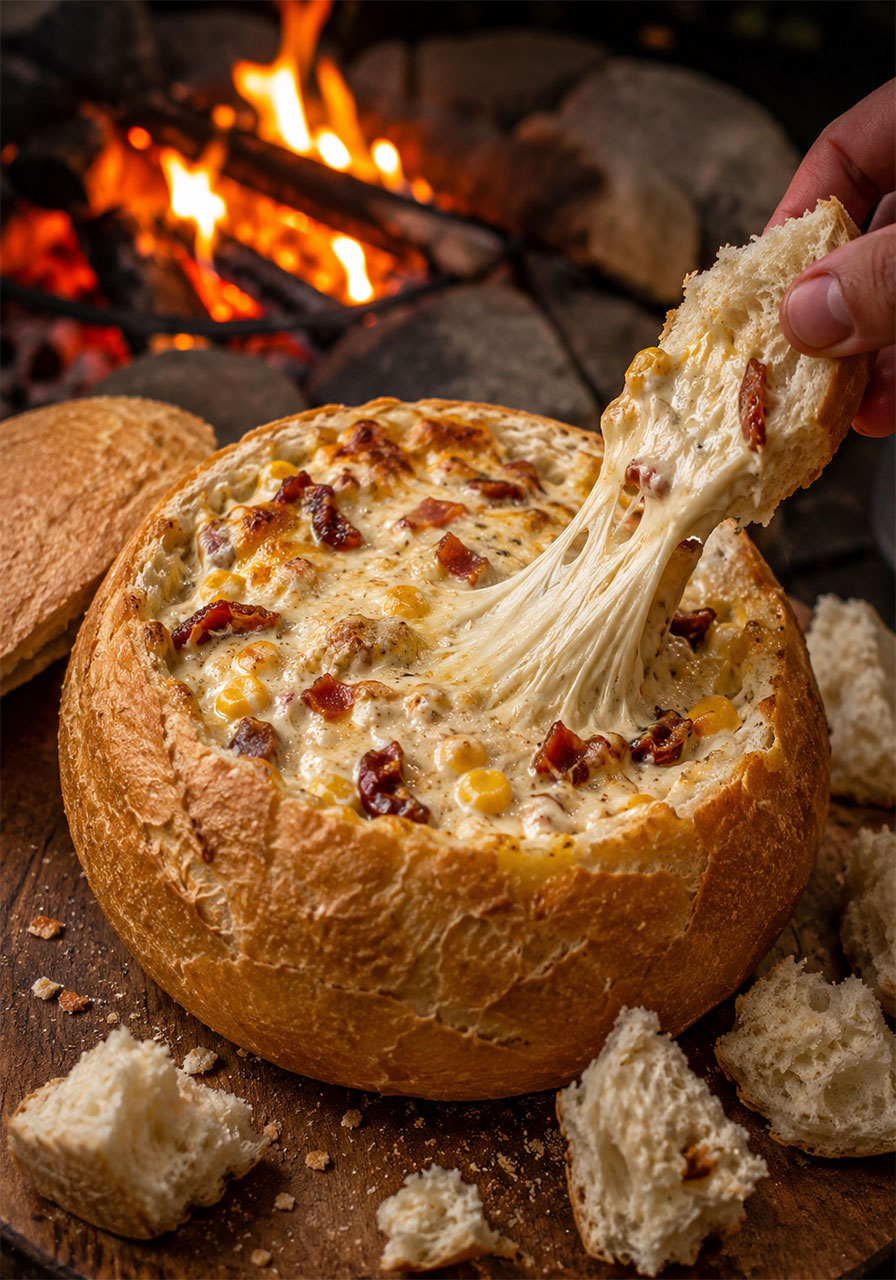 Cowboy cob loaf with gooey cheese, bacon, and corn filling being pulled apart at a campsite