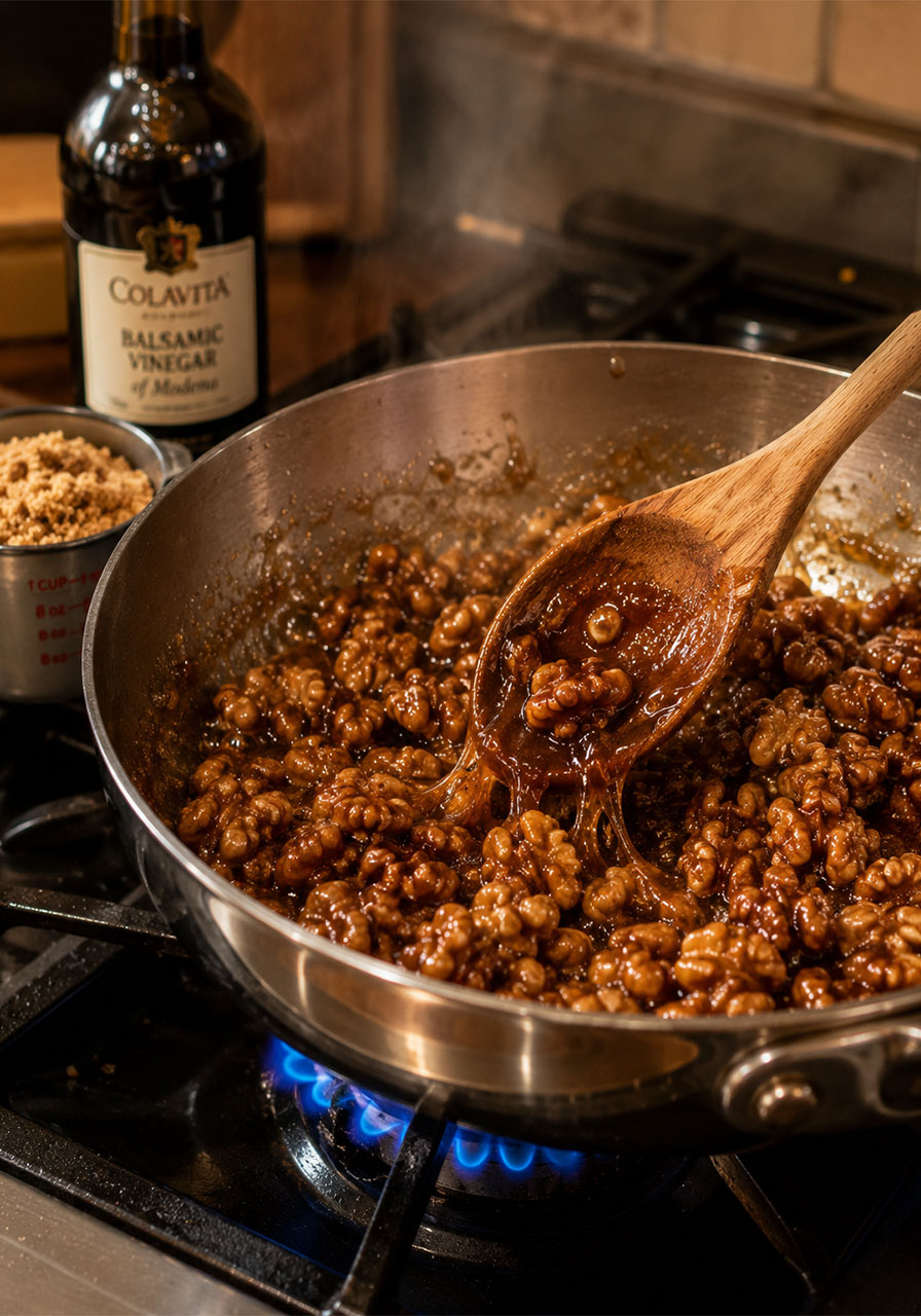 Walnut halves being caramelized in brown sugar and balsamic vinegar glaze in a skillet for camping snack