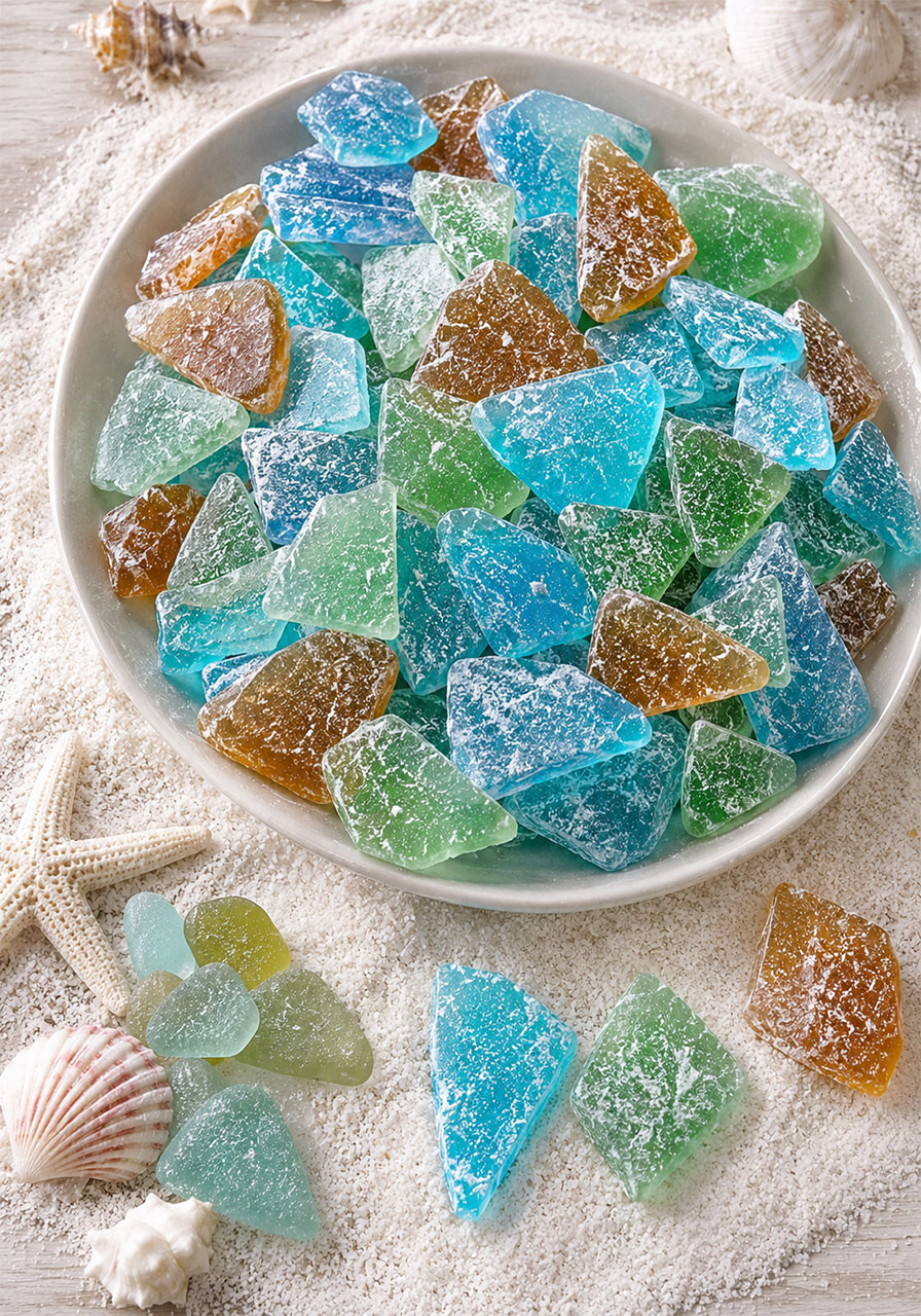 Homemade powdered sugar candy sea glass in blue green and amber for an under the sea birthday party