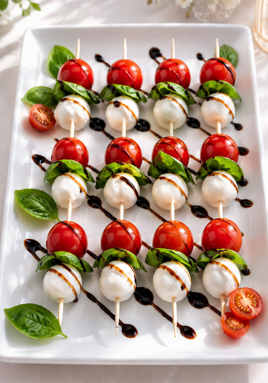 Fresh Caprese skewers with cherry tomatoes, mozzarella, and basil drizzled with balsamic glaze on a white plate for a bridal shower appetizer