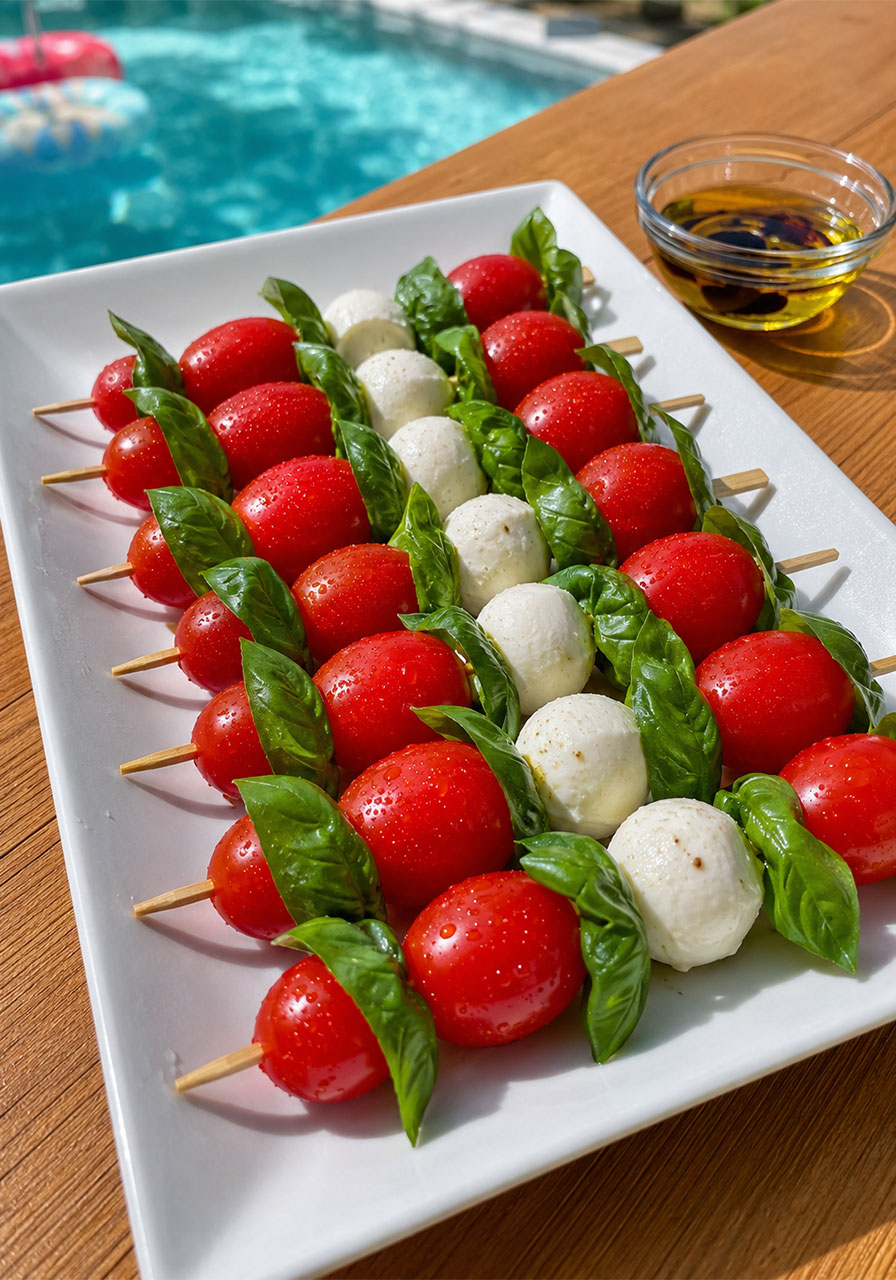 Fresh caprese skewers with grape tomatoes, mozzarella and basil on a platter – easy pool party appetizer
