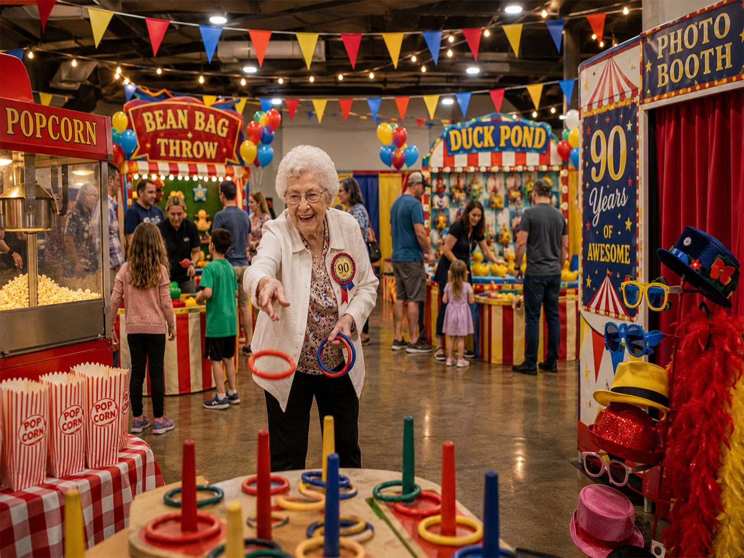 Colorful carnival-themed 90th birthday party with ring toss game, popcorn machine, and festive banner decorations