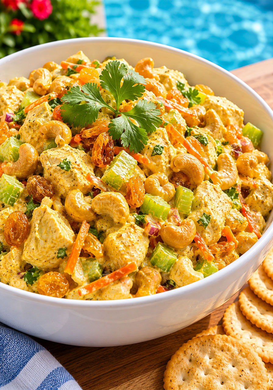 Cashew curry chicken salad with golden raisins and curry yogurt dressing – unique make-ahead pool party recipe