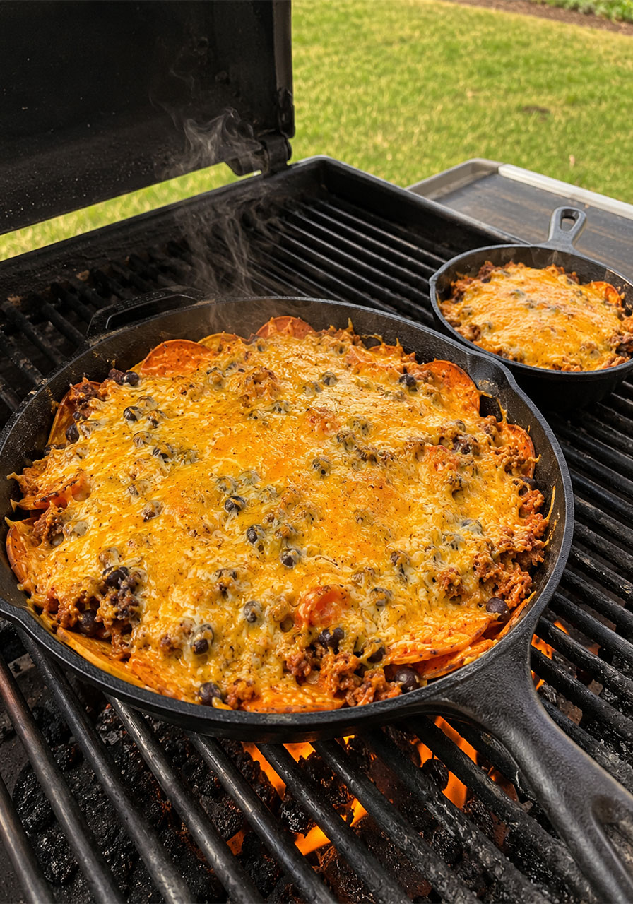Sweet potato nachos in cast iron skillets on a grill with melted cheese