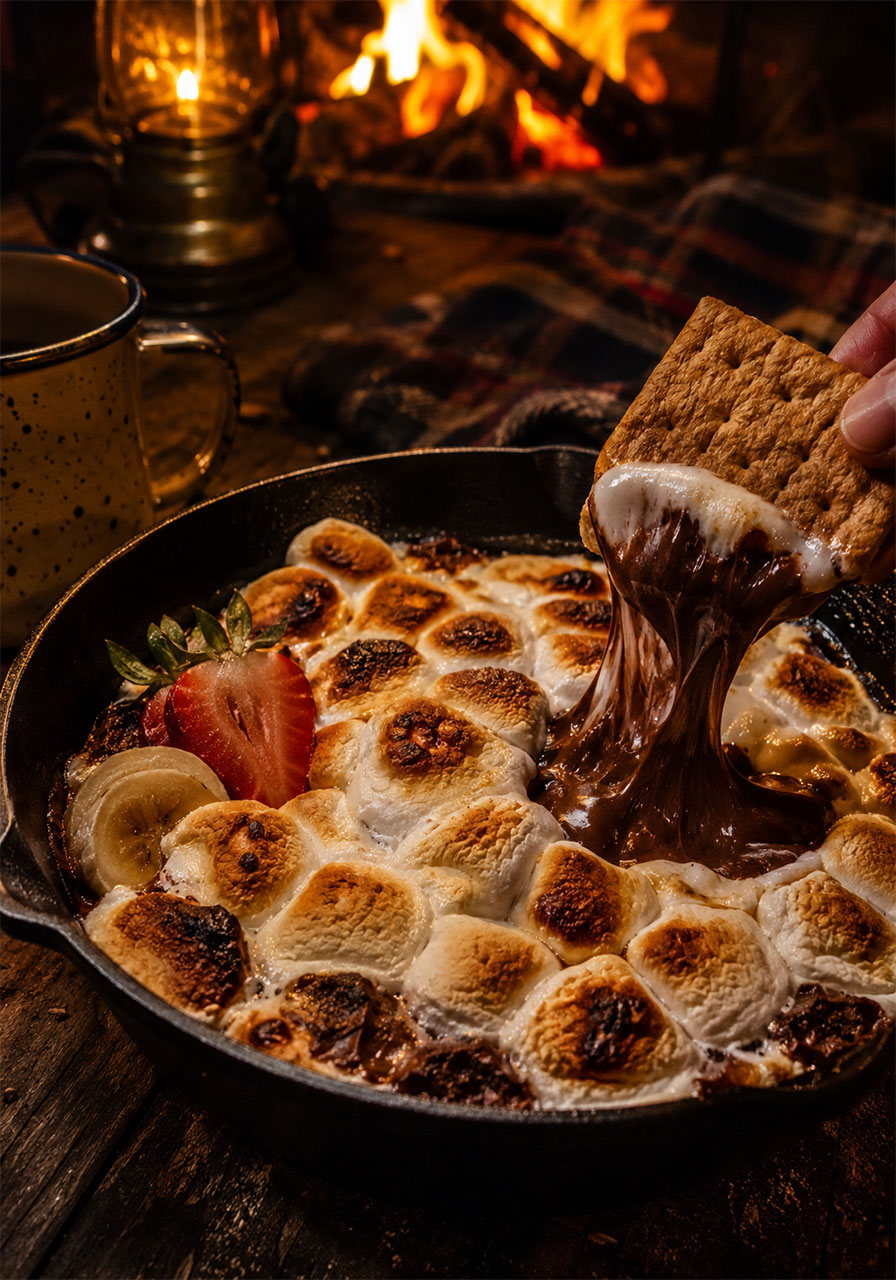 Cast iron skillet s'mores dip with golden marshmallows and melted chocolate with graham cracker dipper