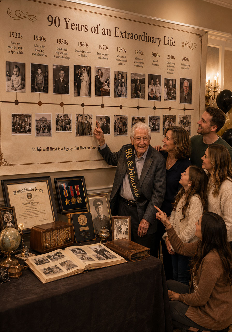 90th birthday celebration of achievements party with life timeline wall, award display, and family milestone photos