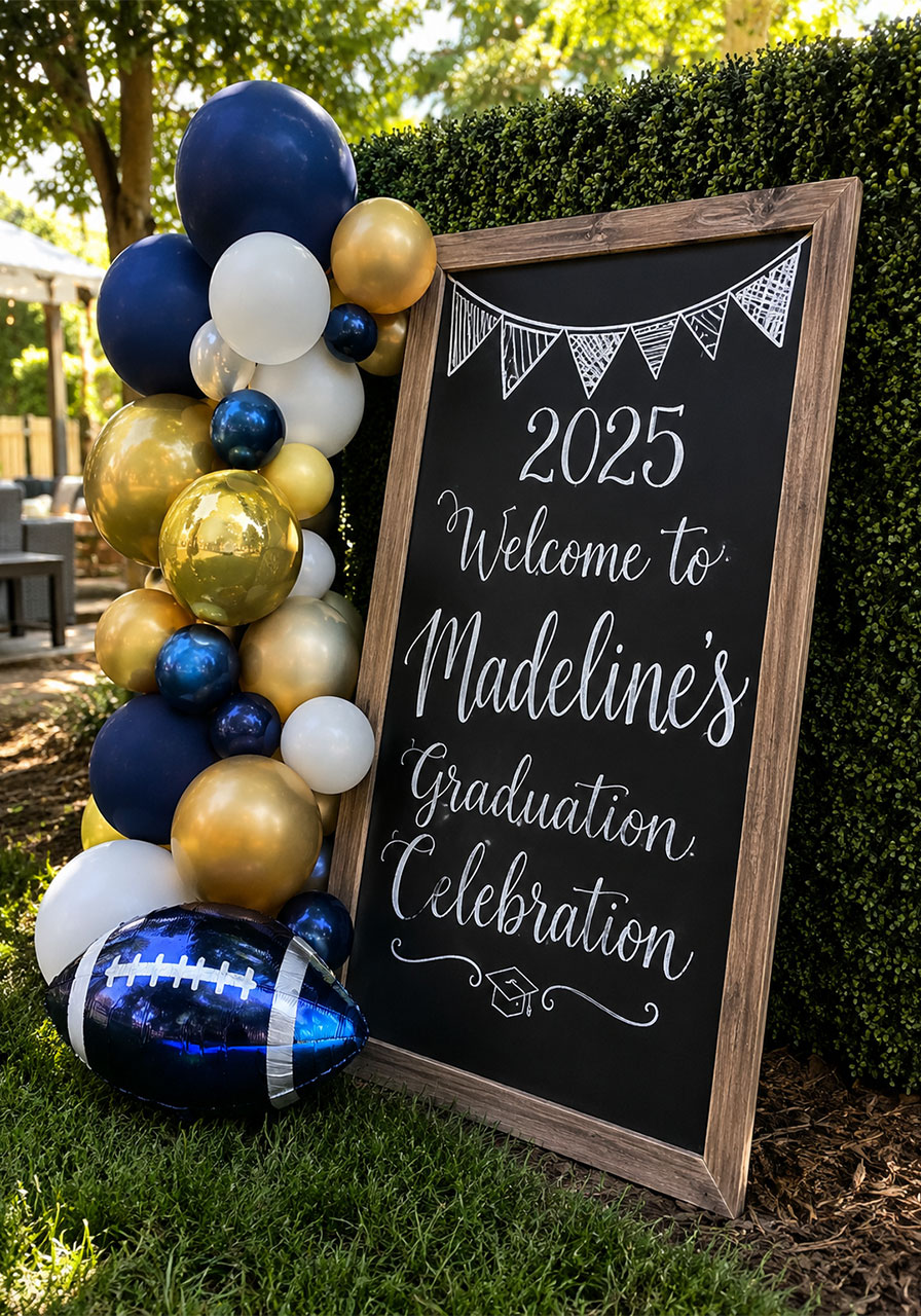 Chalkboard welcome sign with school color balloons for a personalized outdoor graduation pool party entrance display