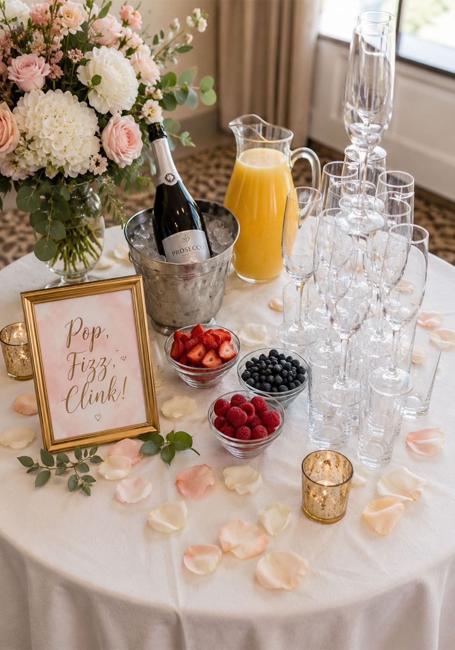 Styled mimosa bar with gold framed "Pop Fizz Clink" sign next to champagne tower at bridal shower