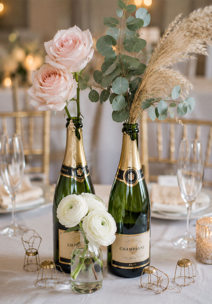 Empty champagne bottles used as bud vases with roses and eucalyptus as a creative celebratory bridal shower table centerpiece
