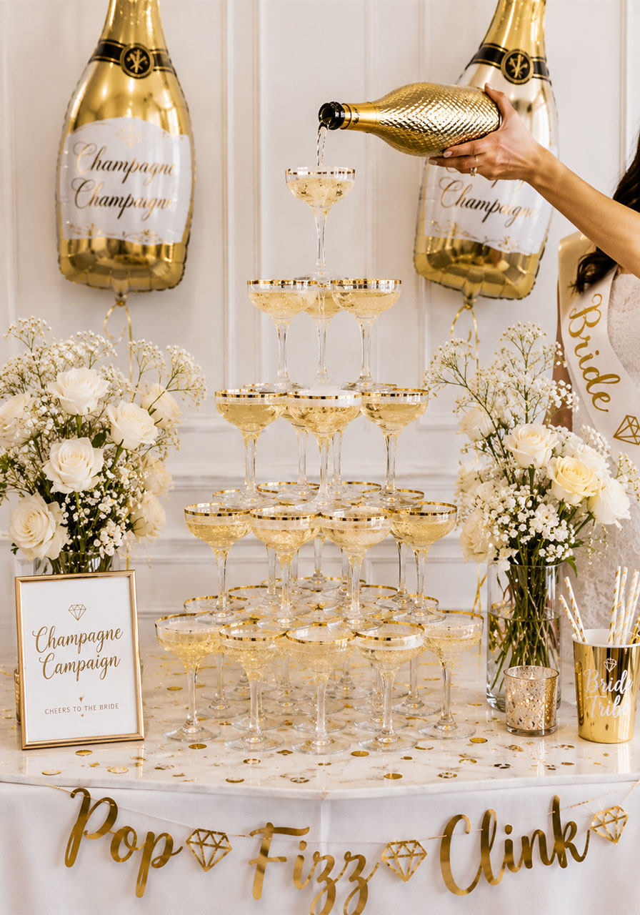 Champagne Campaign bachelorette party decorations with five-tier champagne tower, white roses, and gold balloons