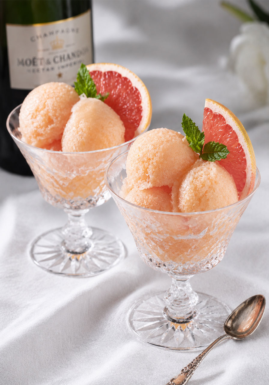 Elegant champagne grapefruit sorbet served in crystal dessert glasses, garnished with fresh grapefruit and mint, with a champagne bottle blurred in the background