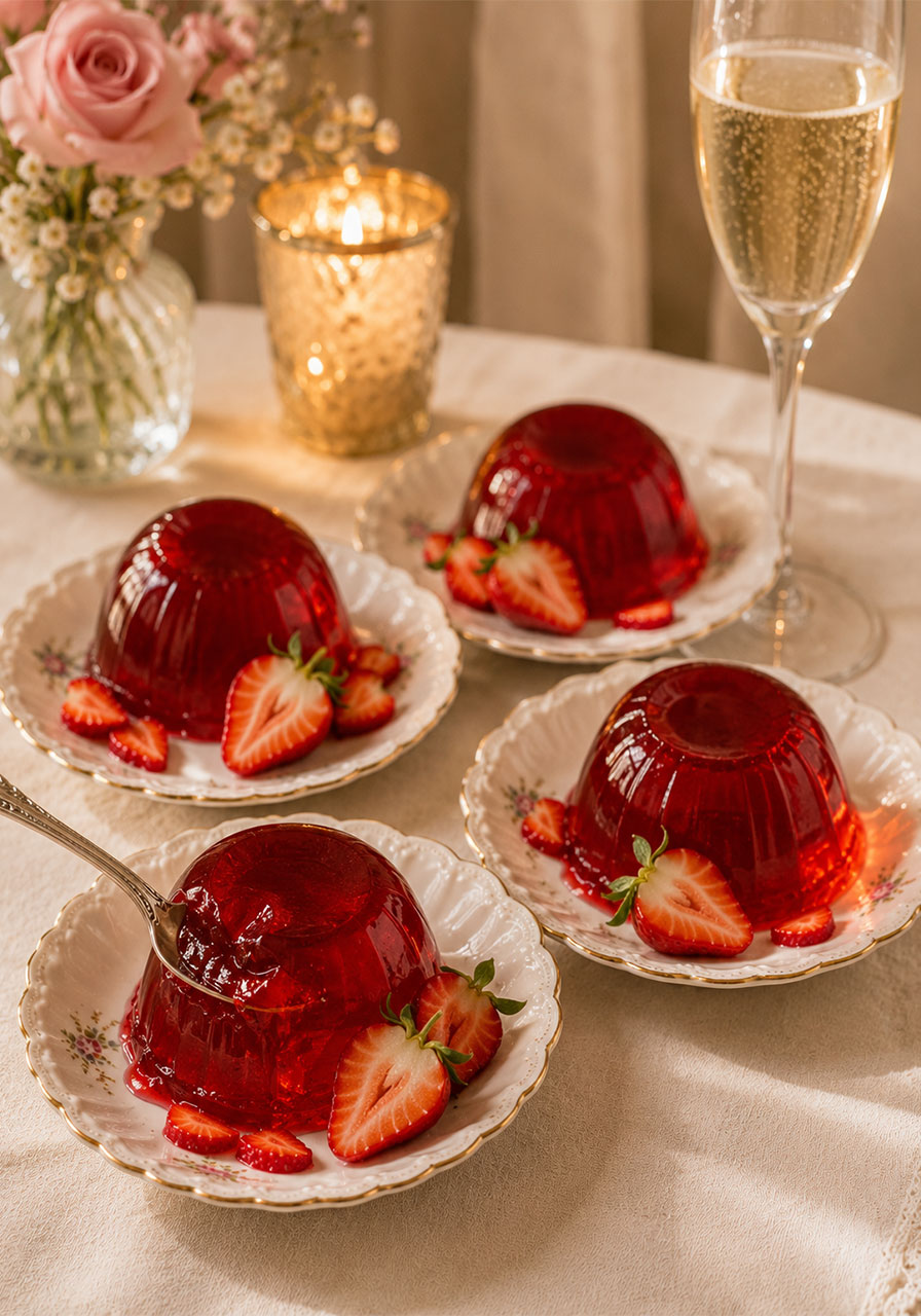 Unmolded champagne strawberry jellies on vintage scalloped dessert plates for an elegant tea party