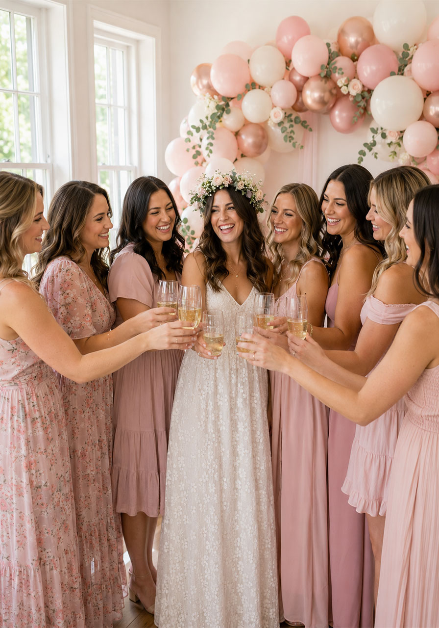 Group champagne toast with bride and bridesmaids at bridal shower celebration