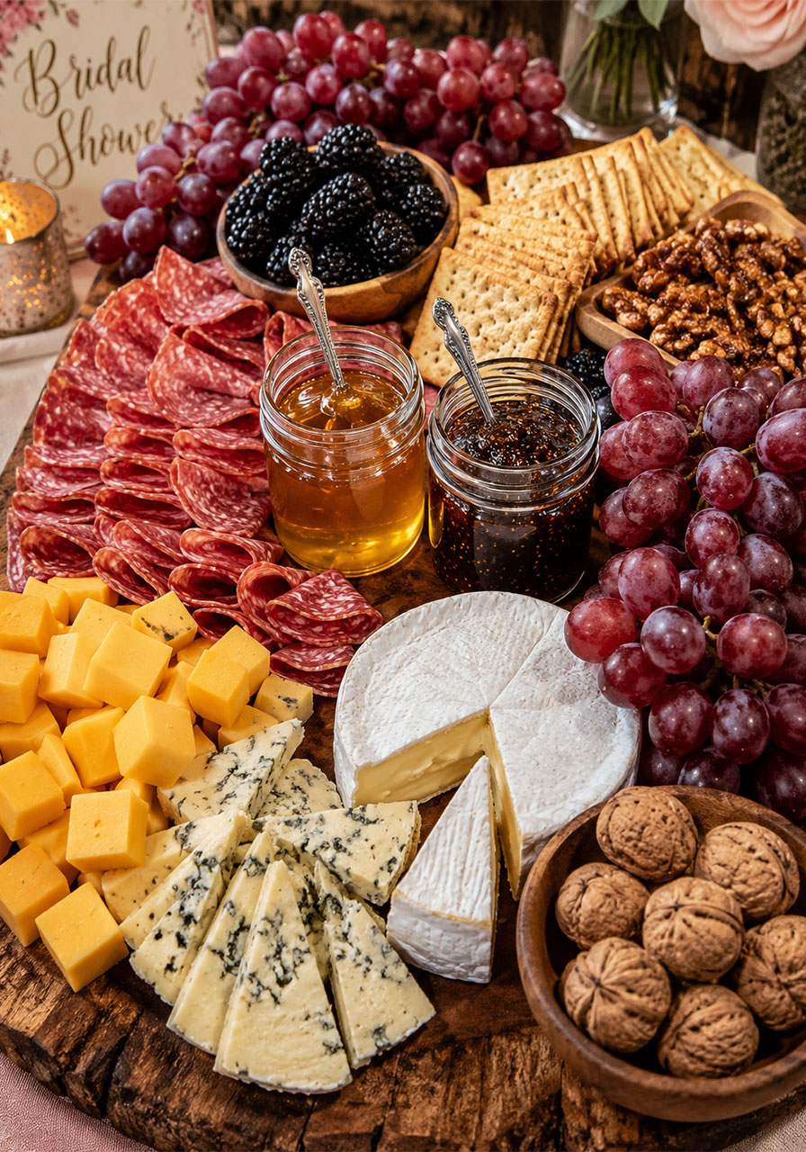 Abundant rustic charcuterie board with cheddar, brie, salami, grapes, crackers, honey, and fig jam for a bridal shower party spread