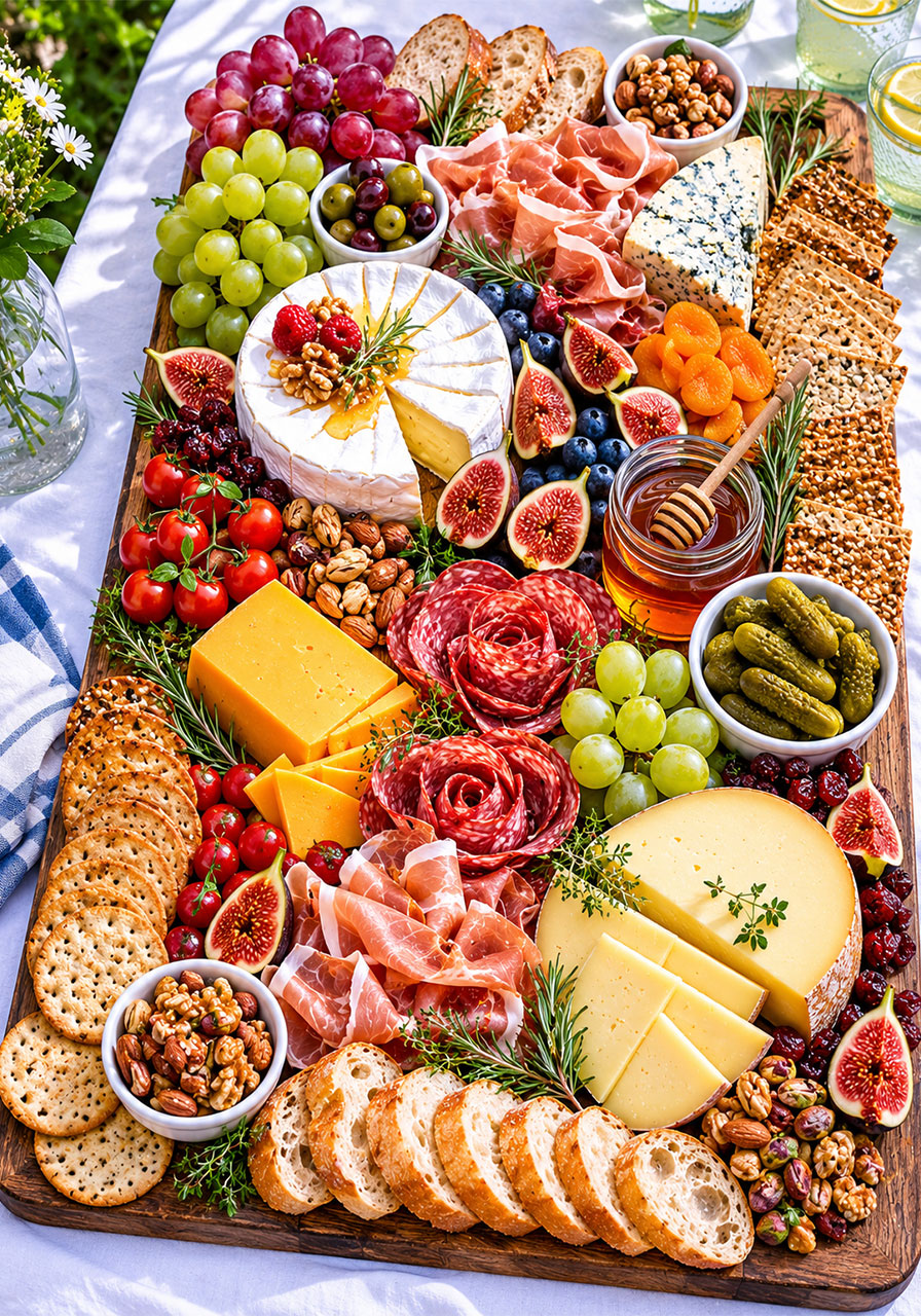 Abundant charcuterie grazing board with cheese meats fruit and crackers for summer party spread