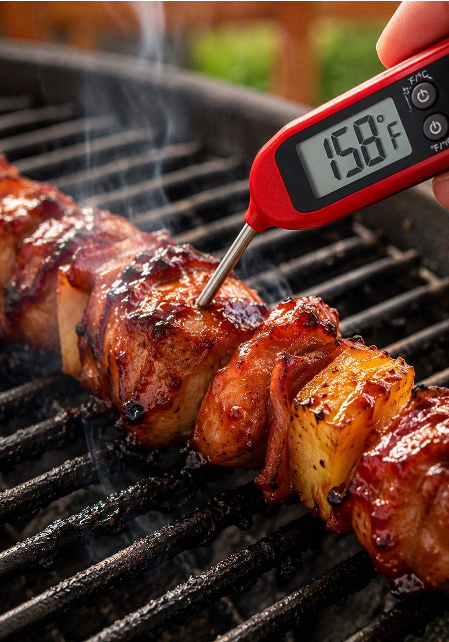 Meat thermometer inserted into a BBQ chicken kabob on the grill reading 158°F to check doneness