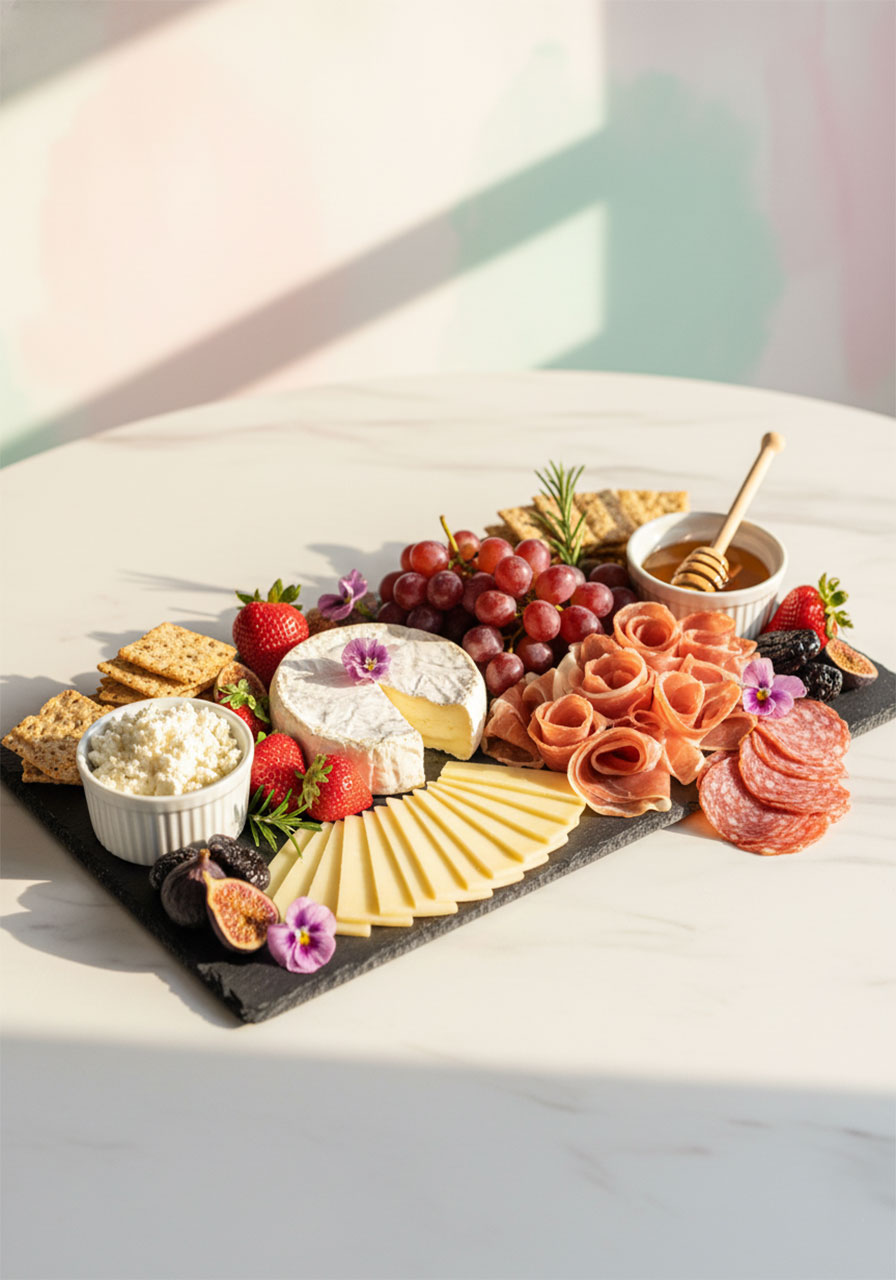 Elegant cheese and charcuterie board with brie, prosciutto, and fruit for bridal shower brunch