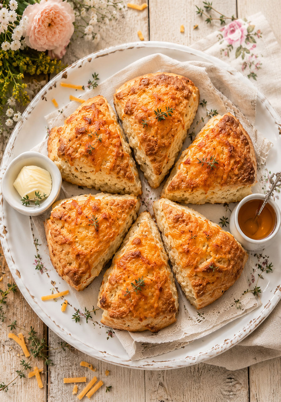 Golden cheddar cheese scone wedges on a vintage ceramic plate for a vintage afternoon tea party