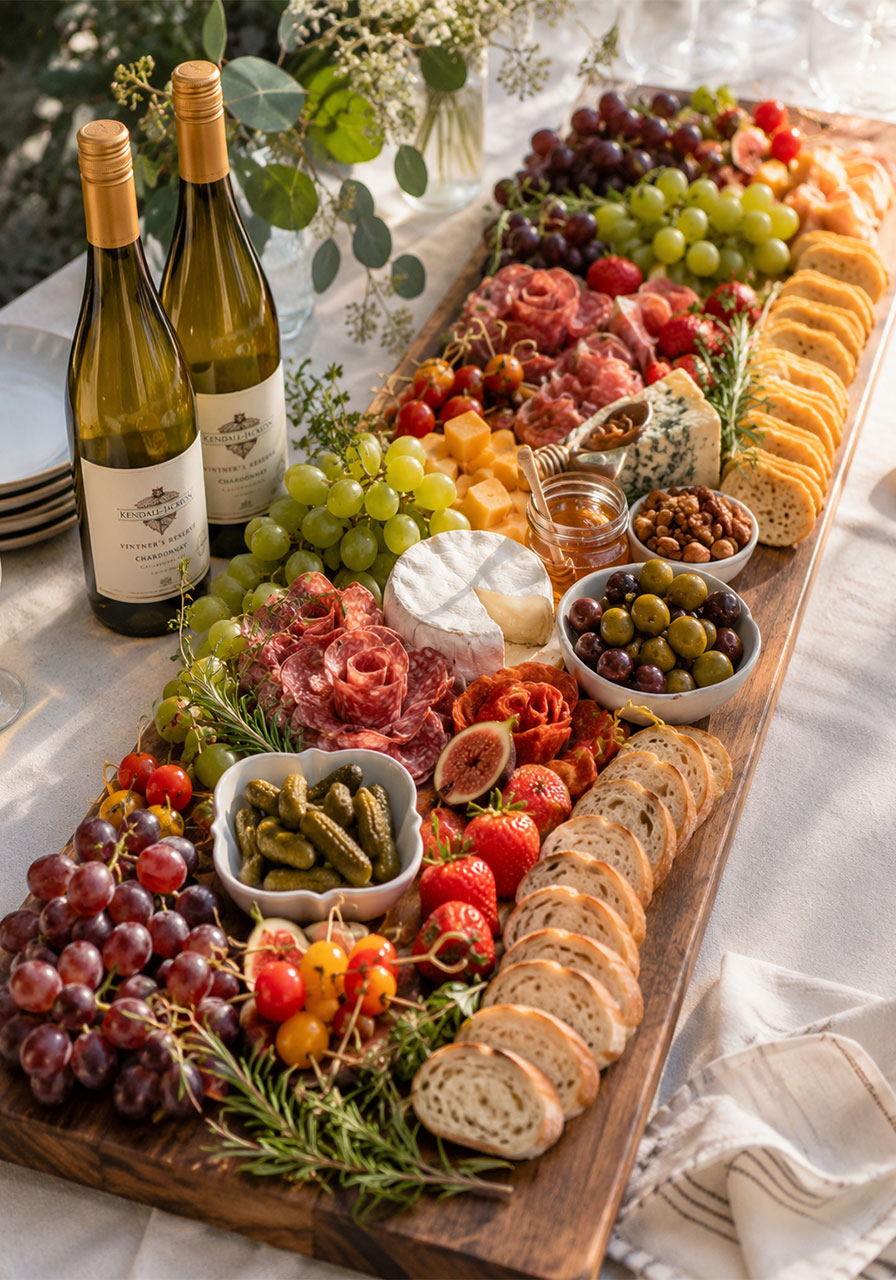 Long wooden cheese and wine grazing board with charcuterie, fruit and crackers for summer party