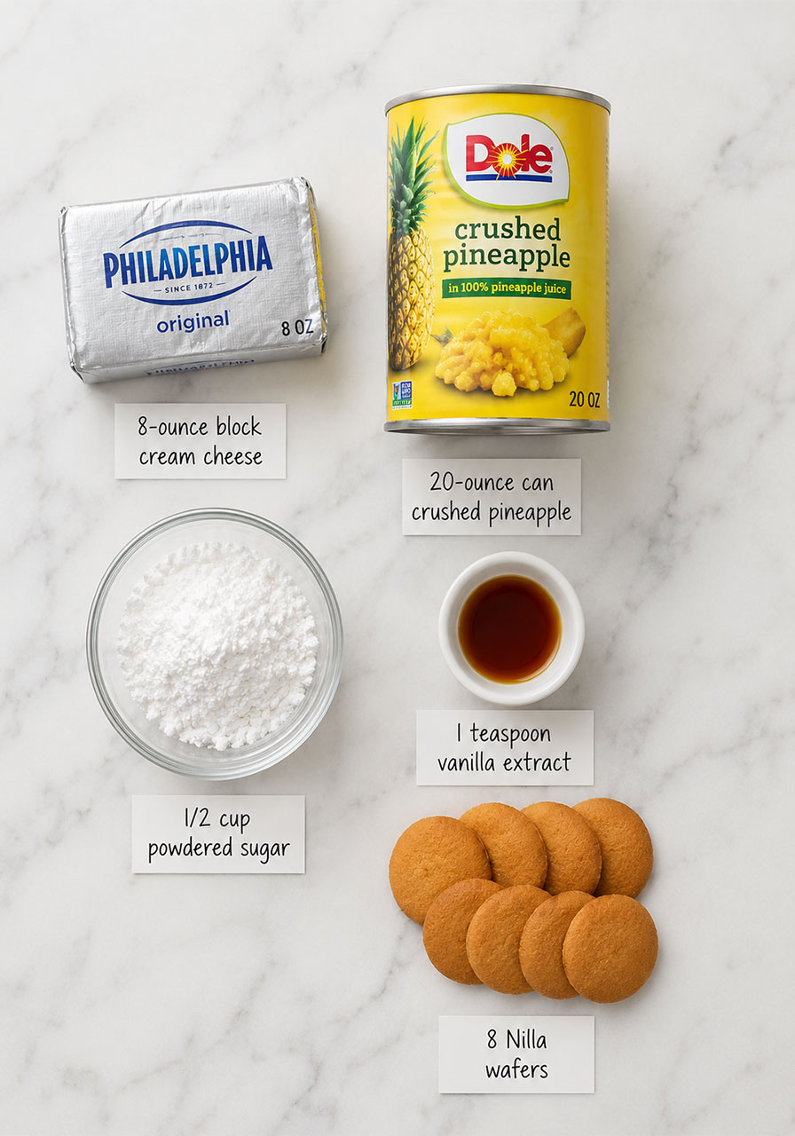 Five ingredients for cheesecake pineapple dip laid out on white marble — cream cheese, canned pineapple, powdered sugar, vanilla, and Nilla wafers