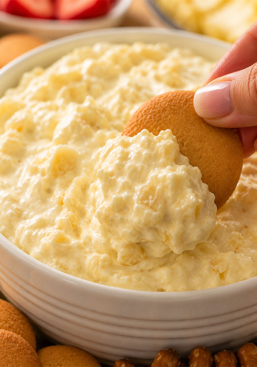 Close-up of a Nilla wafer scooping up a generous amount of creamy cheesecake pineapple dip from a white bowl