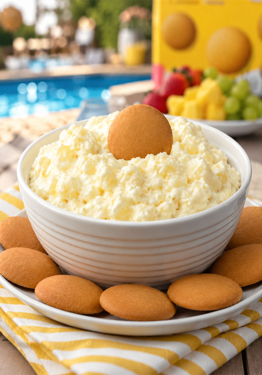 Creamy cheesecake pineapple dip in a white ribbed bowl surrounded by Nilla wafer cookies on a white plate