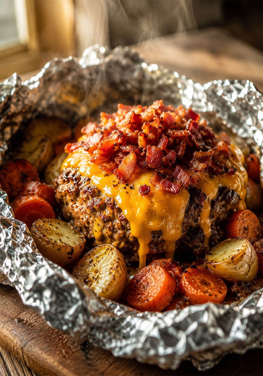 Cheesy bacon hobo foil packet opened on wooden board showing melted cheddar and crispy bacon on top of seasoned beef and potatoes