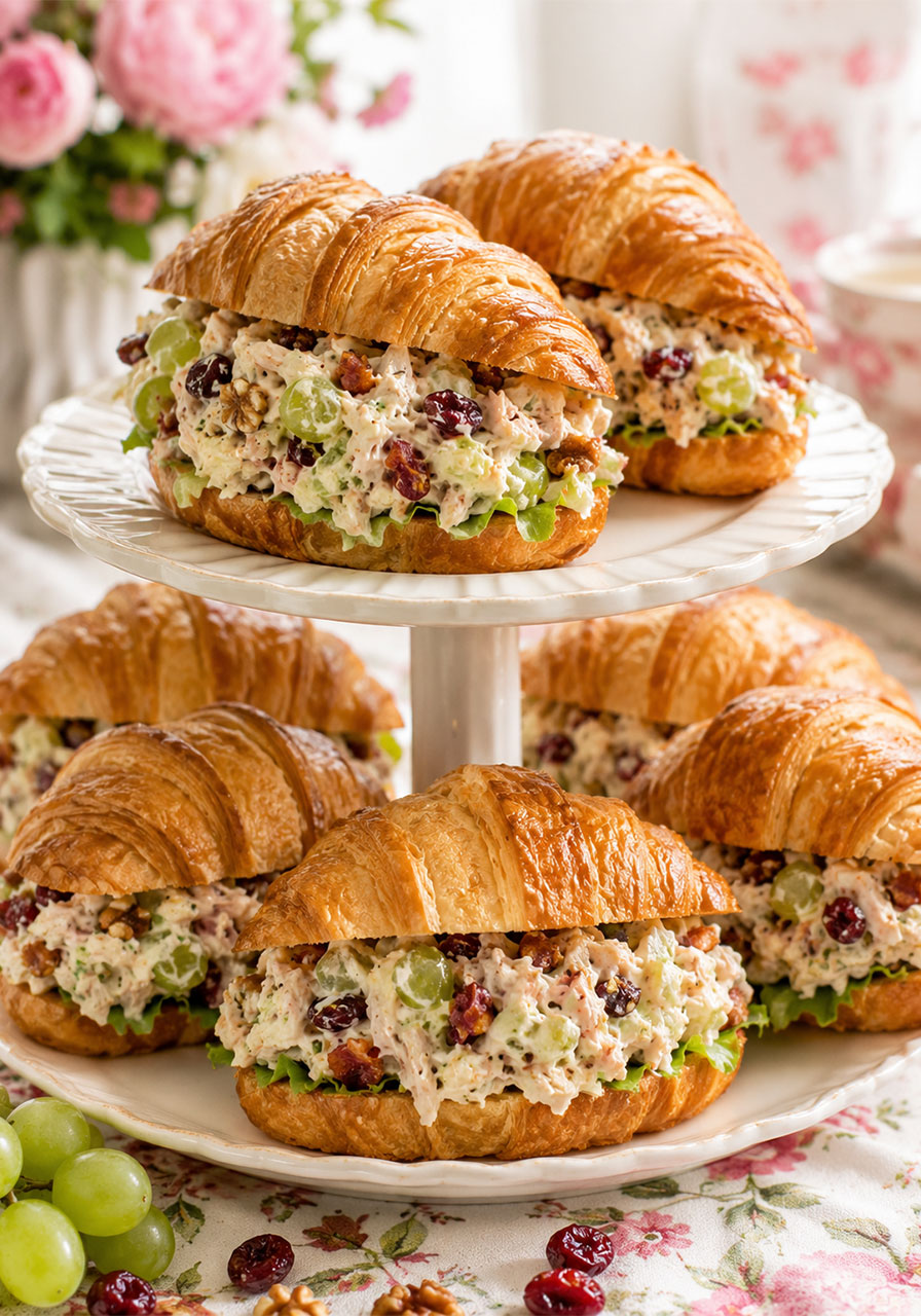 Cherry chicken salad croissant sandwiches with grapes walnuts and bacon, an elegant no-cook summer brunch recipe