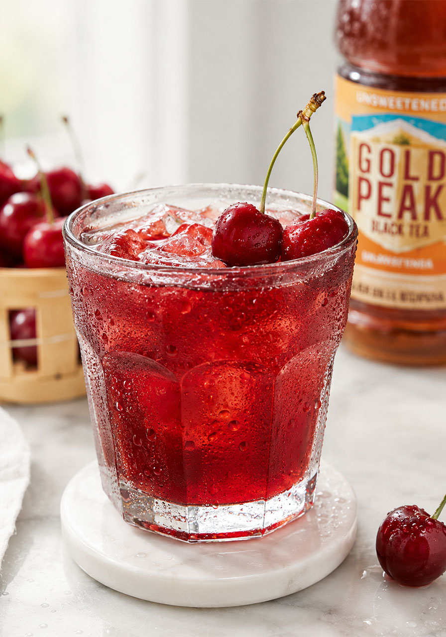 Close-up of a cold glass of cherry iced tea with ice cubes, condensation, and fresh cherry garnish
