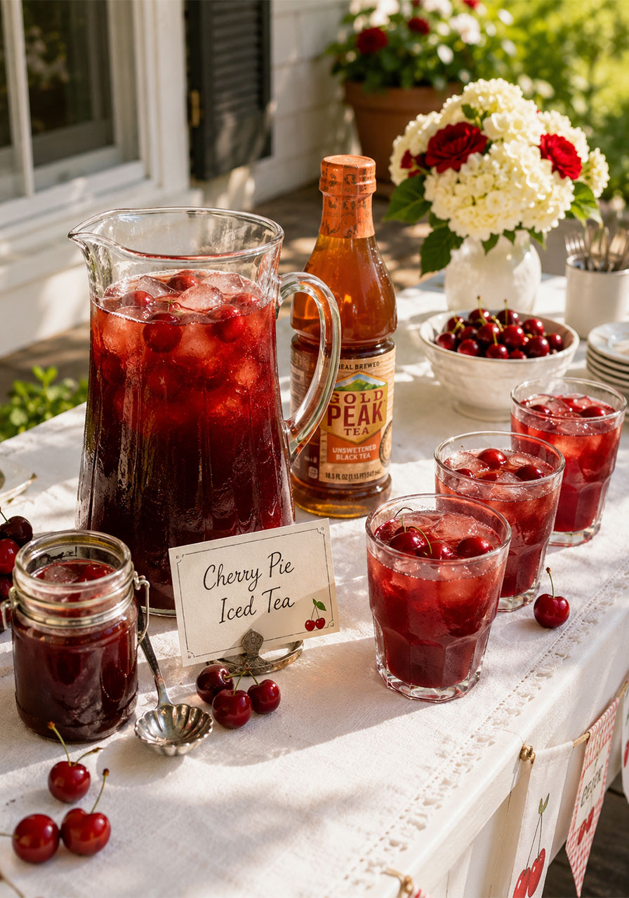 Cherry pie iced tea party drink station with a pitcher, glasses, and self-serve syrup jar for summer entertaining