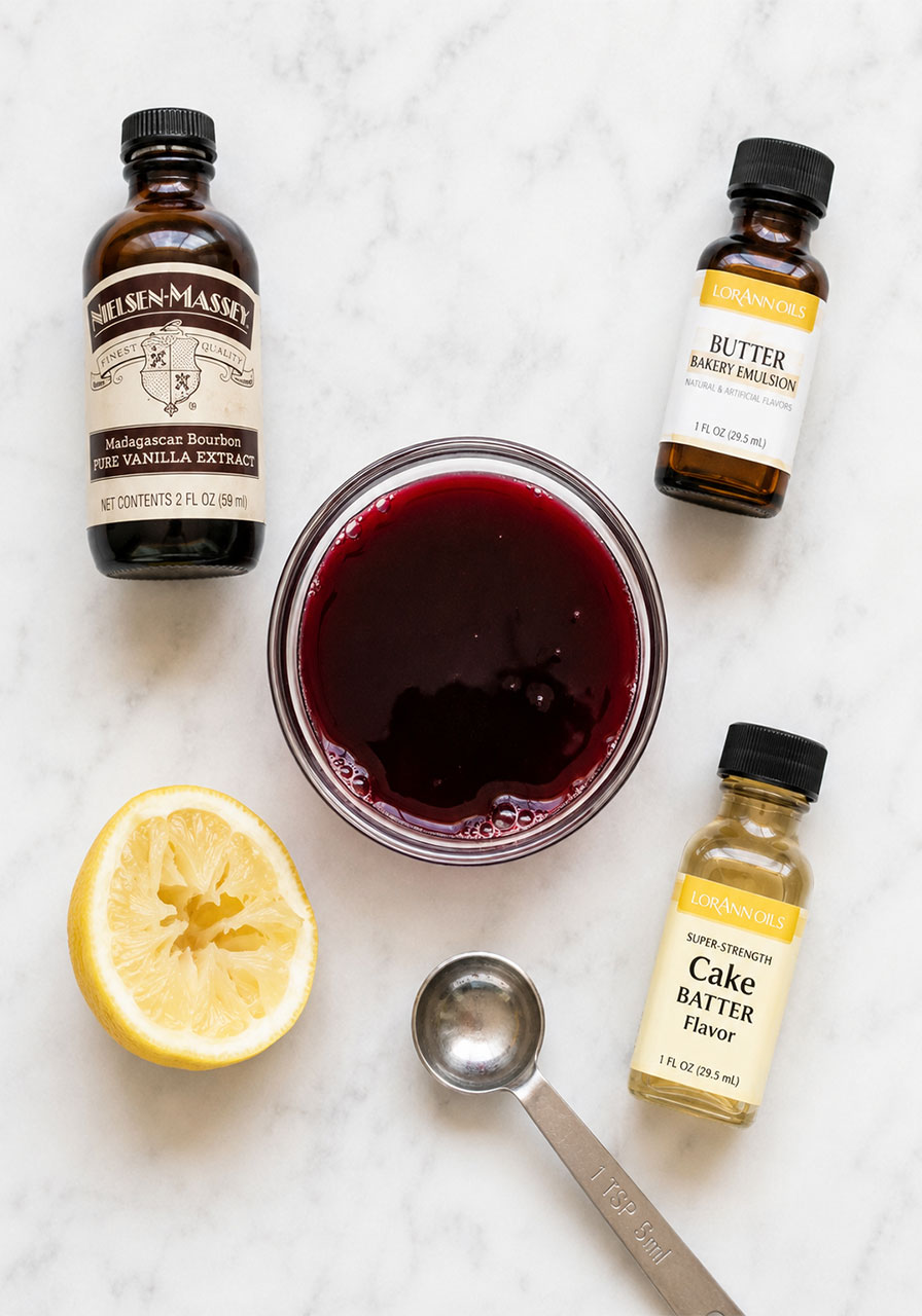 Vanilla extract, butter extract, and lemon juice ingredients laid out beside cherry syrup for cherry pie iced tea
