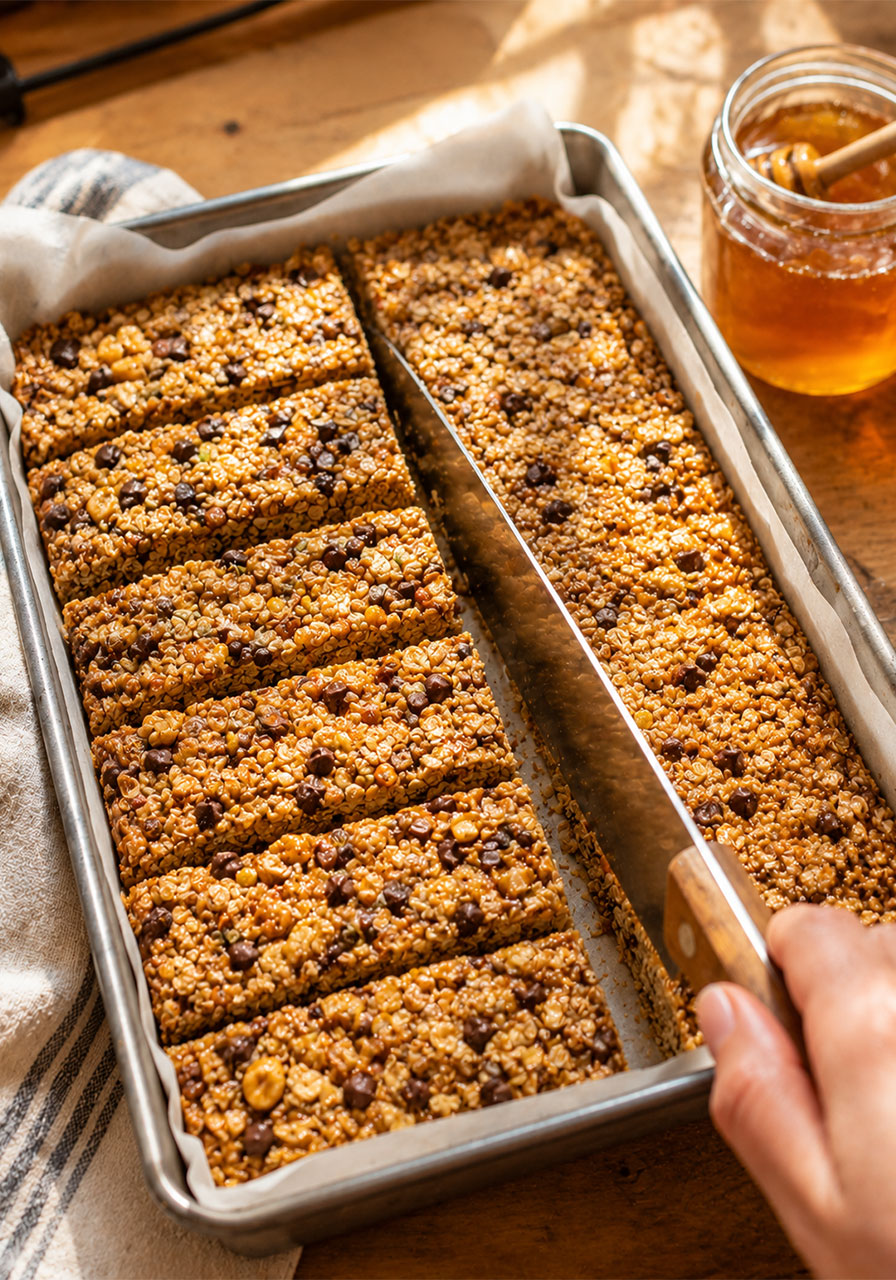 Freshly baked chewy honey granola bars with oats, peanuts, and chocolate chips being cut in a parchment-lined pan