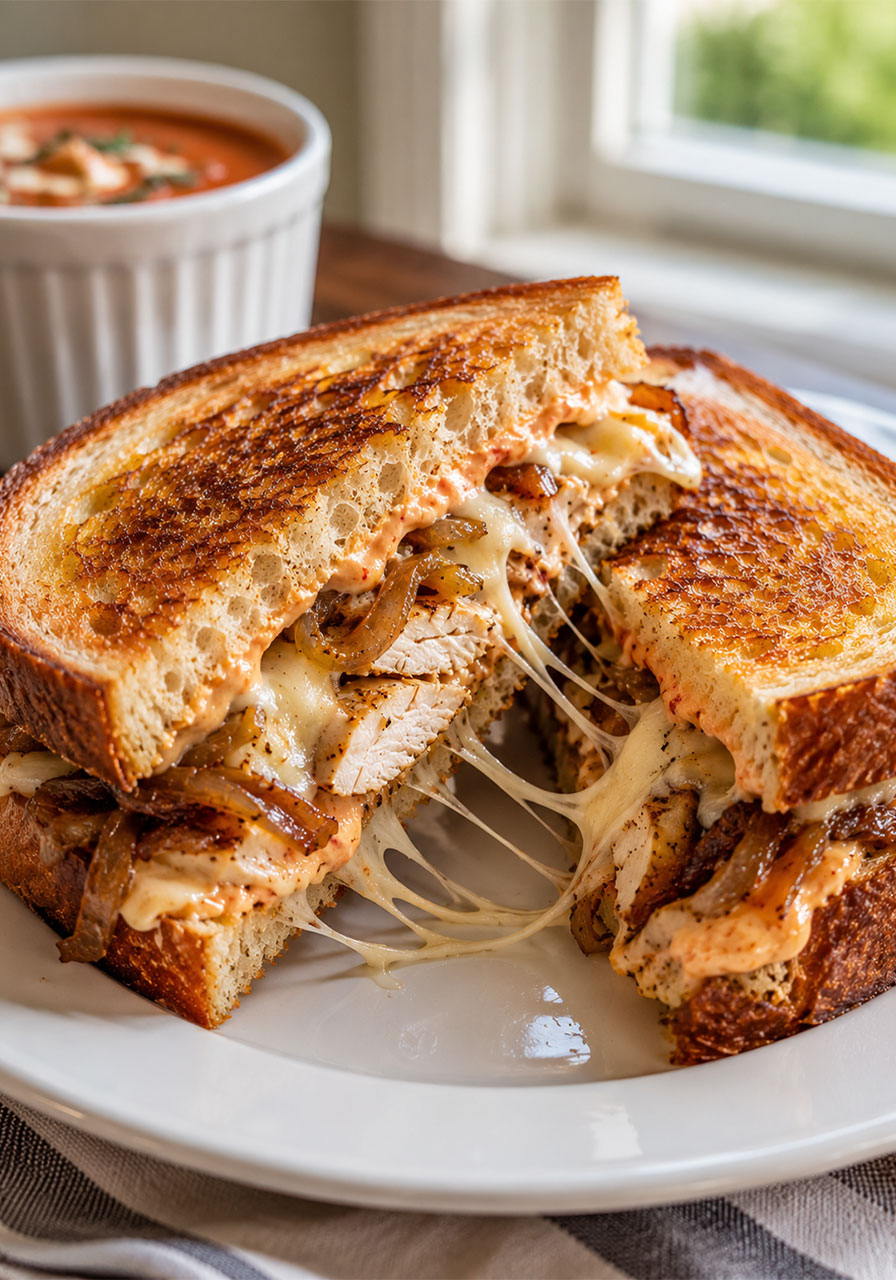 Chicken and caramelized onion grilled cheese on sourdough with Swiss and roasted red pepper mayo – gourmet summer sandwich