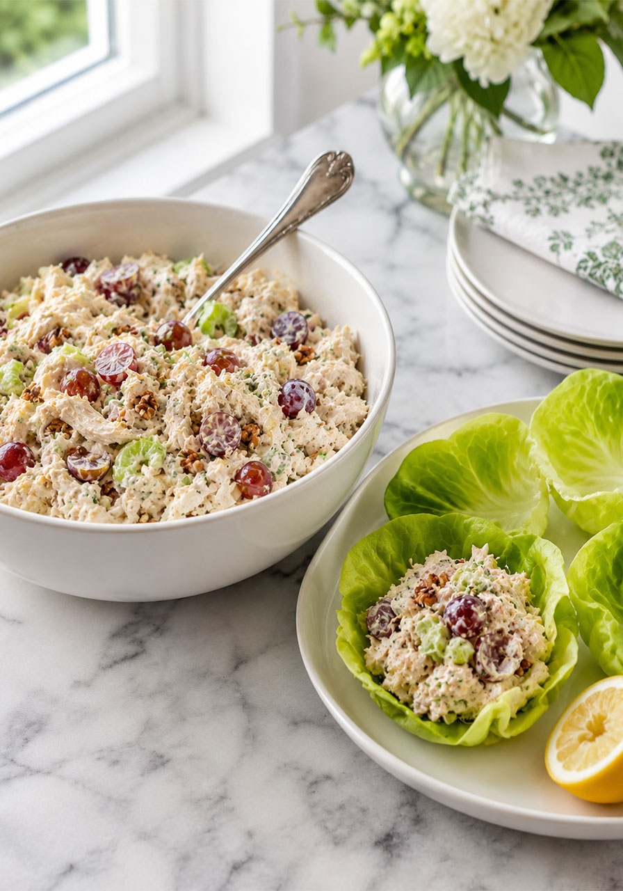 Creamy chicken salad with red grapes and pecans served in a bowl and in lettuce wraps, easy no-cook summer recipe