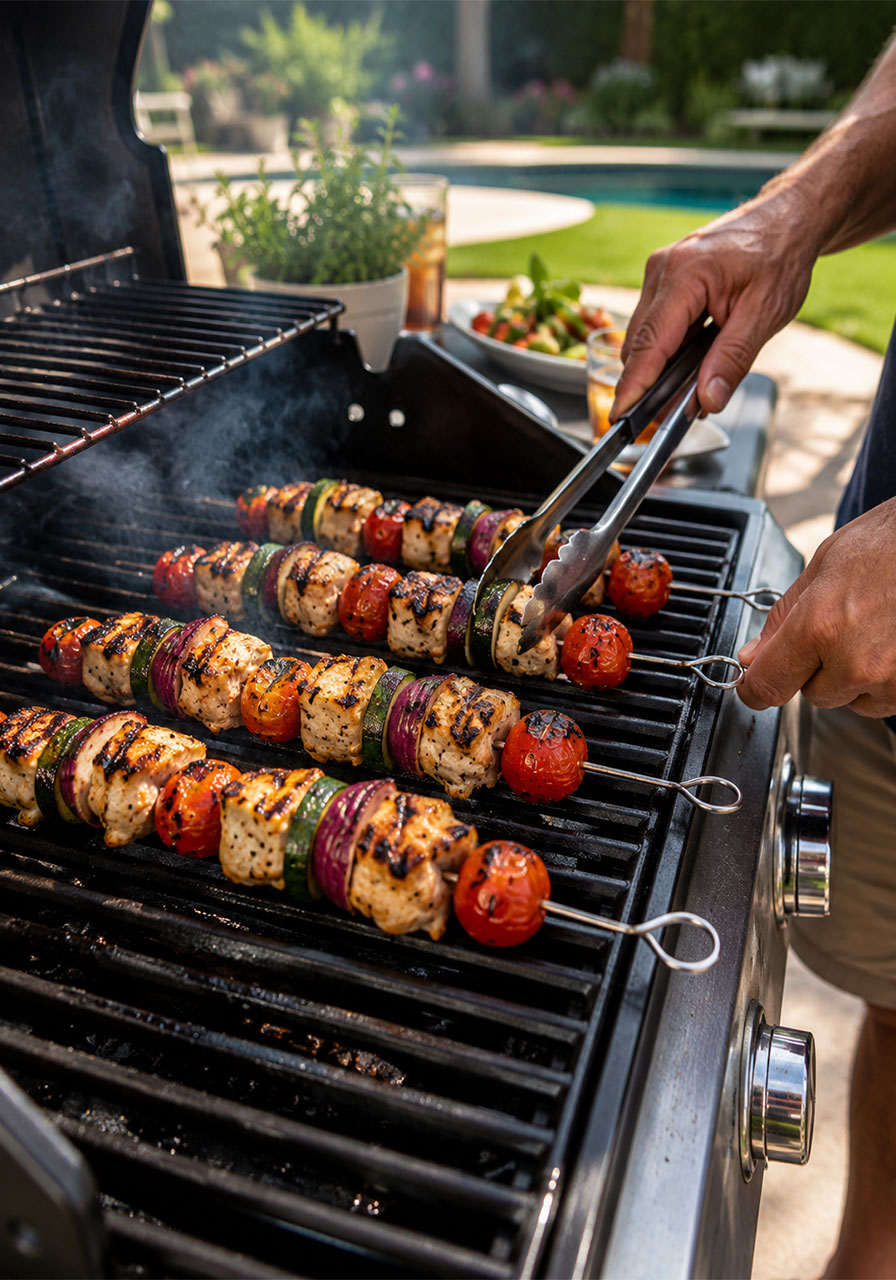 Grilled lemon-herb chicken skewers with zucchini, onion and tomatoes on a backyard grill – easy summer cookout recipe