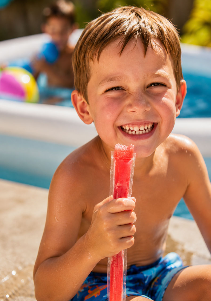 Happy young boy eating red freeze pop at outdoor pools and popsicles summer kids party