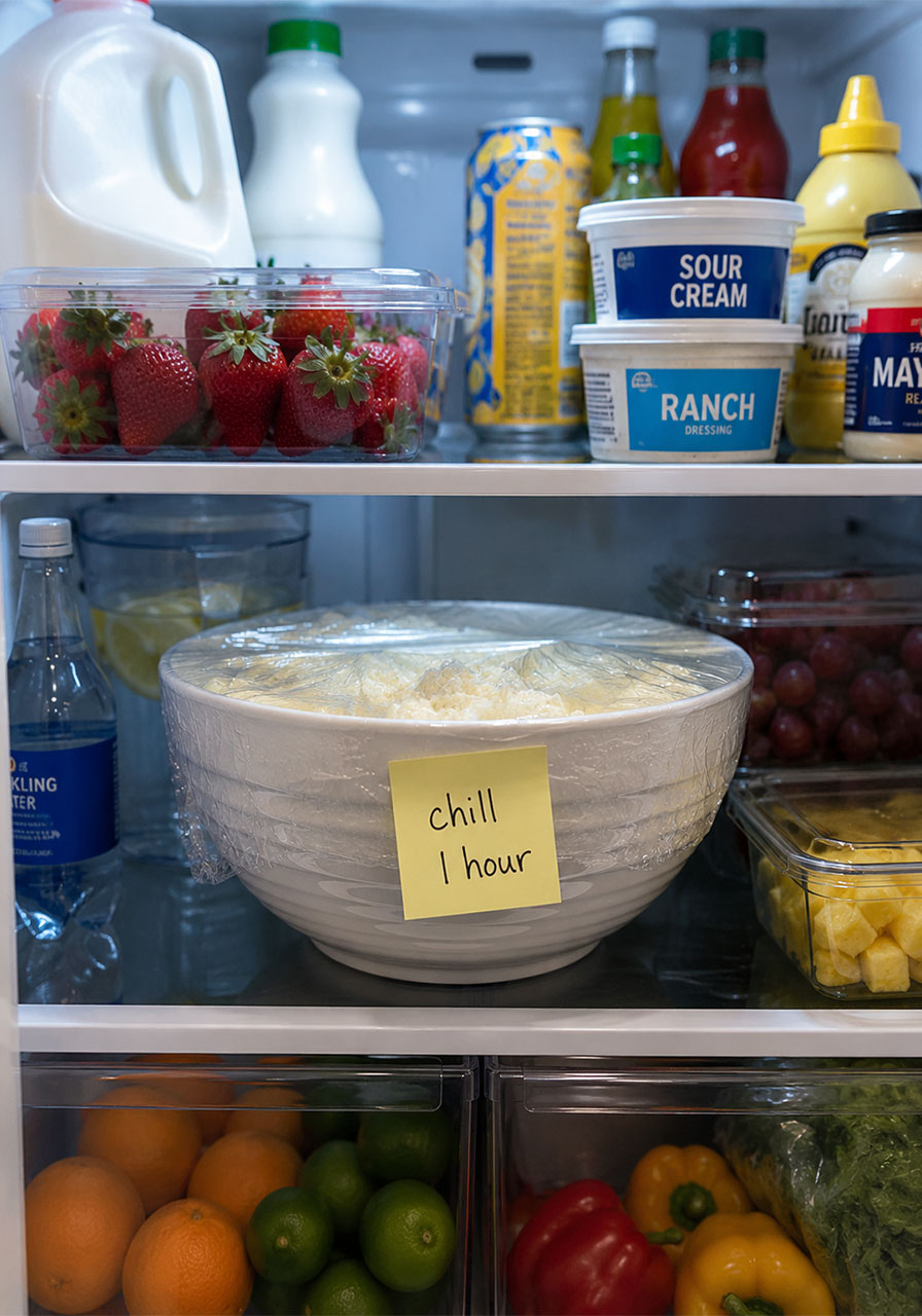 Bowl of pineapple cheesecake dip covered with plastic wrap chilling in the refrigerator for one hour