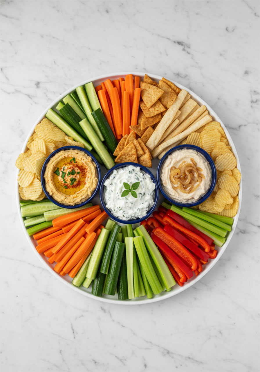 Colorful chips dips and veggie platter with hummus and whipped feta for bridal shower brunch