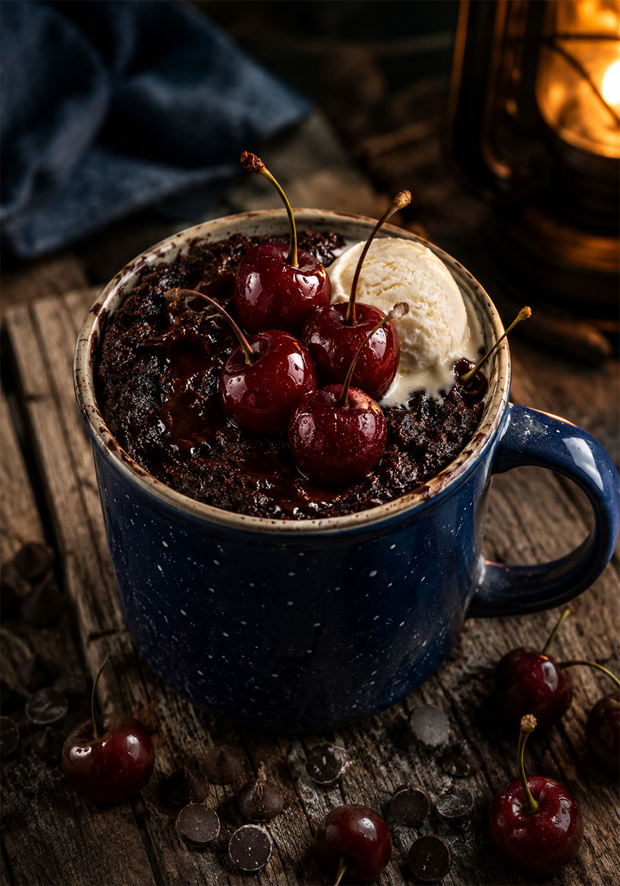 Dark chocolate cherry mug cake topped with fresh cherries and vanilla ice cream, quick microwave dessert