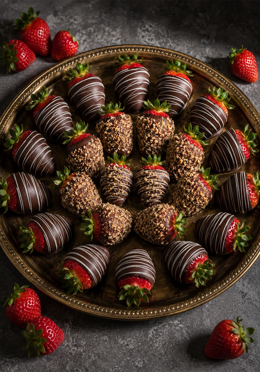 Dark chocolate-covered strawberries with white chocolate drizzle and crushed hazelnuts on a gold tray for a bridal shower dessert